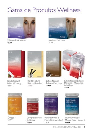 GUIA DE PRODUTOS WELLNESS 5
WellnessPack woman
15388
WellnessPack man
15395
Gama de Produtos Wellness
Batido Natural
Balance Morango
15447
Batido Natural
Balance Baunilha
15448
Batido Natural
Balance Chocolate
22138
Batido Natural Balance
Morango - 7 Saquetas
individuais
22138
Ómega 3
15397
Complexo Sueco
de Beleza
15400
Multivitamínico e
Mineral (para mulher)
15414
Multivitamínico e
Mineral (para Homem)
15414
 