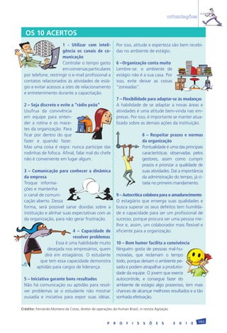 orientações


  OS 10 ACERTOS
                      1 - Utilizar com inteli-                Por isso, atitude e esperteza são bem recebi-
                      gência os canais de co-                 das no ambiente de estágio.
                      municação
                      Controlar o tempo gasto                 6 –Organização conta muito
                      em conversas particulares               Lembre-se: o ambiente de
 por telefone, restringir o e-mail profissional a             estágio não é a sua casa. Por
 contatos relacionados às atividades de está-                 isso, evite deixar as coisas
 gio e evitar acessos a sites de relacionamento               “zoneadas”.
 e entretenimento durante a capacitação.
                                                              7 – Flexibilidade para adaptar-se às mudanças
 2 – Seja discreto e evite a “rádio peão”                     A habilidade de se adaptar a novas áreas e
 Usufrua da convivência                                       atividades é uma atitude bem-vinda nas em-
 em equipe para enten-                                        presas. Por isso, é importante se manter atua-
 der a rotina e os mace-                                      lizado sobre as demais ações da instituição.
 tes da organização. Para
 ficar por dentro do que                                                       8 – Respeitar prazos e normas
 fazer e quando fazer.                                                         da organização
 Mas uma coisa é regra: nunca participe das                                    Pontualidade é uma das principais
 rodinhas de fofoca. Afinal, falar mal do chefe                                características observadas pelos
 não é conveniente em lugar algum.                                             gestores, assim como cumprir
                                                                               prazos e priorizar a qualidade de
 3 – Comunicação para conhecer a dinâmica                                      suas atividades. Daí a importância
 da empresa                                                                    da administração do tempo, já ci-
 Troque informa-                                                               tada no primeiro mandamento.
 ções e mantenha
 o canal de comuni-                                           9 – Autocrítica colabora para o amadurecimento
 cação aberto. Dessa                                          O estagiário que enxerga suas qualidades e
 forma, será possível sanar dúvidas sobre a                   busca superar os seus defeitos tem humilda-
 instituição e alinhar suas expectativas com as               de e capacidade para ser um profissional de
 da organização, para não gerar frustração.                   sucesso, porque procura ser uma pessoa me-
                                                              lhor e, assim, um colaborador mais flexível e
                           4 – Capacidade de                  eficiente para a organização.
                           resolver problemas
                   Essa é uma habilidade muito                10 – Bom humor facilita a convivência
              desejada nos empresários, quem                  Ninguém gosta de pessoas mal-hu-
             dirá em estagiários. O estudante                 moradas, que reclamam o tempo
          que tem essa capacidade demonstra                   todo, porque deixam o ambiente pe-
         aptidão para cargos de liderança.                    sado e podem atrapalhar a produtivi-
                                                              dade da equipe. O jovem que exerce
 5 – Iniciativa garante bons resultados                       autocontrole, e consegue fazer do
 Não há comunicação ou aptidão para resol-                    ambiente de estágio algo prazeroso, tem mais
 ver problemas se o estudante não mostrar                     chances de alcançar melhores resultados e a tão
 ousadia e iniciativa para expor suas idéias.                 sonhada efetivação.

Crédito: Fernando Montero da Costa, diretor de operações da Human Brasil; in revista Agitação


                                                                                                                 183
                                                      P   R    O   F   I   S   S   Õ   E   S     2   0   1   0
 