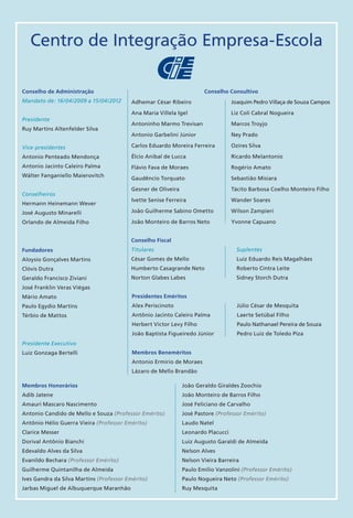 Centro de Integração Empresa-Escola

Conselho de Administração                                             Conselho Consultivo
Mandato de: 16/04/2009 a 15/04/2012      Adhemar César Ribeiro                    Joaquim Pedro Villaça de Souza Campos

                                         Ana Maria Villela Igel                   Liz Coli Cabral Nogueira
Presidente
                                         Antoninho Marmo Trevisan                 Marcos Troyjo
Ruy Martins Altenfelder Silva
                                         Antonio Garbelini Júnior                 Ney Prado

Vice-presidentes                         Carlos Eduardo Moreira Ferreira          Ozires Silva

Antonio Penteado Mendonça                Élcio Anibal de Lucca                    Ricardo Melantonio
Antonio Jacinto Caleiro Palma            Flávio Fava de Moraes                    Rogério Amato
Wálter Fanganiello Maierovitch
                                         Gaudêncio Torquato                       Sebastião Misiara

                                         Gesner de Oliveira                       Tácito Barbosa Coelho Monteiro Filho
Conselheiros
                                         Ivette Senise Ferreira                   Wander Soares
Hermann Heinemann Wever
José Augusto Minarelli                   João Guilherme Sabino Ometto             Wilson Zampieri

Orlando de Almeida Filho                 João Monteiro de Barros Neto             Yvonne Capuano


                                         Conselho Fiscal
Fundadores                               Titulares                                  Suplentes
Aloysio Gonçalves Martins                César Gomes de Mello                       Luiz Eduardo Reis Magalhães
Clóvis Dutra                             Humberto Casagrande Neto                   Roberto Cintra Leite
Geraldo Francisco Ziviani                Norton Glabes Labes                        Sidney Storch Dutra
José Franklin Veras Viégas
Mário Amato                               Presidentes Eméritos
Paulo Egydio Martins                      Alex Periscinoto                          Júlio César de Mesquita
Térbio de Mattos                          Antônio Jacinto Caleiro Palma             Laerte Setúbal Filho
                                          Herbert Victor Levy Filho                 Paulo Nathanael Pereira de Souza
                                          João Baptista Figueiredo Júnior           Pedro Luiz de Toledo Piza
Presidente Executivo
Luiz Gonzaga Bertelli                     Membros Beneméritos
                                          Antonio Ermírio de Moraes
                                          Lázaro de Mello Brandão

Membros Honorários                                            João Geraldo Giraldes Zoochio
Adib Jatene                                                   João Monteiro de Barros Filho
Amauri Mascaro Nascimento                                     José Feliciano de Carvalho
Antonio Candido de Mello e Souza (Professor Emérito)          José Pastore (Professor Emérito)
Antônio Hélio Guerra Vieira (Professor Emérito)               Laudo Natel
Clarice Messer                                                Leonardo Placucci
Dorival Antônio Bianchi                                       Luiz Augusto Garaldi de Almeida
Edevaldo Alves da Silva                                       Nelson Alves
Evanildo Bechara (Professor Emérito)                          Nelson Vieira Barreira
Guilherme Quintanilha de Almeida                              Paulo Emílio Vanzolini (Professor Emérito)
Ives Gandra da Silva Martins (Professor Emérito)              Paulo Nogueira Neto (Professor Emérito)
Jarbas Miguel de Albuquerque Maranhão                         Ruy Mesquita
 