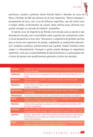 em alta


promissora, ressalta o professor doutor Ricardo Cabral e Azevedo, do curso de
Minas e Petróleo da USP, que destaca um de seus segmentos: “Merece destaque o
planejamento de lavra, com o uso de softwares específicos, que são muito caros
e exigem sólidos conhecimentos do usuário. Quem domina esses softwares leva
grande vantagem no mercado de trabalho”, exemplifica.
   O recente curso de Engenharia de Petróleo tem elevada procura devido à alta
demanda do mercado, mas o atual debate sobre a questão dos combustíveis confe-
re novas perspectivas a esse ramo. “Aos poucos, a engenharia de petróleo caminha
para se tornar uma engenharia de energia, englobando os combustíveis alternati-
vos”, completa o professor, valendo lembrar que a grande “vedete” brasileira nesse
campo é o biocombustível. Começam a ganhar grande destaque os engenheiros
ambientais, visto que a sustentabilidade do desenvolvimento e a preocupação com
o futuro do planeta vêm gradativamente ganhando o centro das atenções.




  Florestal     Trabalha	com	o	ecossistema	florestal,	visando	ao	uso	racional	dos	recursos	
                e	sua	conservação.	
  Hidráulica    Realiza	obras	para	a	navegação	fluvial	e	projetos	de	despoluição	de	rios	e	
                mares.	
  Materiais     Desenvolve	novos	materiais	e	pesquisa	aplicações	tecnológicas	para	
                polímeros	e	metais.
  Mecânica      Projeta,	fabrica,	implanta,	supervisiona	e	faz	a	manutenção	de	máquinas,	
                veículos	e	motores.
  Mecatrônica   Cria	máquinas,	robôs	manipuladores	industriais,	peças	e	sistemas	de	
                computação.	
  Metalúrgica   Transforma	minérios	em	metais	e	acompanha	sua	aplicação	na	indústria.
  Minas         Pesquisa	e	prospecta	áreas	de	mineração,	faz	o	planejamento	de	lavra,	
                analisa	riscos	e	gerencia	recursos	naturais.	
  Petróleo      Analisa	dados	geológicos,	pesquisa	e	identifica	jazidas	de	petróleo,	além	
                de	atuar	na	produção.	
  Produção      Define	e	faz	a	gestão	de	sistemas	de	produção	por	meio	de	matéria-prima	
                e	equipamentos	para	ampliar	a	produtividade	da	empresa	e	reduzir	custos.
  Química       Pesquisa,	desenvolve	e	administra	processos	de	fabricação	em	laboratórios	
                farmacêuticos	e	nas	indústrias	em	geral,	entre	elas	as	de	alimentos,	de	
                tintas	e	farmacêutica.	
  Naval         Projeta	e	constrói	embarcações,	diques	e	plataformas	para	prospecção	de	
                petróleo	e	planeja	sistemas	de	transporte	hidroviário.



                                                                                                 47
                                         P   R   O   F   I   S   S   Õ   E   S   2   0   1   0
 