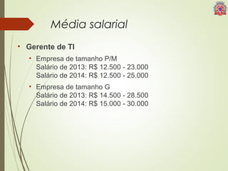 Média salarial 
• Gerente de TI 
• Empresa de tamanho P/M 
Salário de 2013: R$ 12.500 - 23.000 
Salário de 2014: R$ 12.500 - 25.000 
• Empresa de tamanho G 
Salário de 2013: R$ 14.500 - 28.500 
Salário de 2014: R$ 15.000 - 30.000 
 