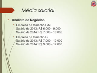Média salarial 
• Analista de Negócios 
• Empresa de tamanho P/M 
Salário de 2013: R$ 6.000 - 9.000 
Salário de 2014: R$ 7.000 - 10.000 
• Empresa de tamanho G 
Salário de 2013: R$ 7.000 - 10.000 
Salário de 2014: R$ 9.000 - 12.000 
 