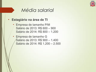 Média salarial 
• Estagiário na área de TI 
• Empresa de tamanho P/M 
Salário de 2013: R$ 600 – 900 
Salário de 2014: R$ 800 – 1.200 
• Empresa de tamanho G 
Salário de 2013: R$ 900 – 1.400 
Salário de 2014: R$ 1.200 – 2.500 
 
