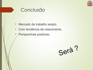 Conclusão 
• Mercado de trabalho amplo. 
• Com tendência de crescimento. 
• Perspectivas positivas. 
Será ? 
 
