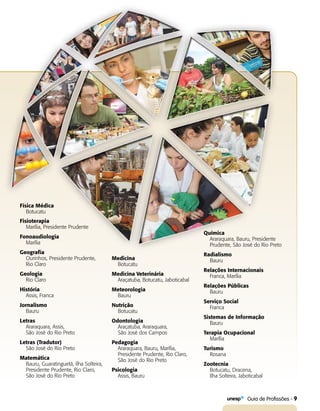   Guia de Profissões - 9
Física Médica
Botucatu
Fisioterapia
Marília, Presidente Prudente
Fonoaudiologia
Marília
Geografia
Ourinhos, Presidente Prudente,
Rio Claro
Geologia
Rio Claro
História
Assis, Franca
Jornalismo
Bauru
Letras
Araraquara, Assis,
São José do Rio Preto
Letras (Tradutor)
São José do Rio Preto
Matemática
Bauru, Guaratinguetá, Ilha Solteira,
Presidente Prudente, Rio Claro,
São José do Rio Preto
Medicina
Botucatu
Medicina Veterinária
Araçatuba, Botucatu, Jaboticabal
Meteorologia
Bauru
Nutrição
Botucatu
Odontologia
Araçatuba, Araraquara,
São José dos Campos
Pedagogia
Araraquara, Bauru, Marília,
Presidente Prudente, Rio Claro,
São José do Rio Preto
Psicologia
Assis, Bauru
Química
Araraquara, Bauru, Presidente
Prudente, São José do Rio Preto
Radialismo
Bauru
Relações Internacionais
Franca, Marília
Relações Públicas
Bauru
Serviço Social
Franca
Sistemas de Informação
Bauru
Terapia Ocupacional
Marília
Turismo
Rosana
Zootecnia
Botucatu, Dracena,
Ilha Solteira, Jaboticabal
 