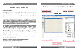 Programación Básica                                                                                                                Programación Básica


                  CAPÍTULO 2. Entorno de Visual Basic                                      Principales Componentes de la Interfaz Gráfica de Visual Basic

                                                                                                  1                                                3
¿QUÉ ES VISUAL BASIC?
                                                                                         Caja de Herramientas                            Barra de Herramientas
                                                                                                                           2
Visual Basic es un sistema de programación gráfica rápido y sencillo, pensado para
un ambiente de ventanas, de tal modo que se pueden dibujar objetos                                                  Barra de Menús
seleccionándolos de una caja de herramientas, arrastrándolos a un formulario o
pantalla y asignándoles una programación que puede ser ejecutada de
inmediato.

Visual Basic está diseñado como una plataforma de programación orientada a
objetos y eventos; los objetos (ventanas y controles) se encuentran disponibles en
una tabla de herramientas que permite arrastrarlos encima de una ventana,
pantalla o formulario, y al dar clic sobre estos escribir los comandos necesarios para
programar los eventos o acciones concernientes a cada elemento.

En Visual Basic un formulario es una ventana de fondo que sirve para situar en ella
los controles gráficos requeridos. Como programador en Visual Basic, puedo
utilizar tantos formularios como sea necesario. Los controles u objetos se dibujan
sobre el formulario con el fin de permitir el ingreso de datos o visualizar gráficos.

Con Visual Basic puedo crear aplicaciones robustas como las más conocidas
comercialmente (por ejemplo Microsoft Word), con barras de herramientas y
barras de menús, también crear archivos instaladores que me permitan instalar la
aplicación en cualquier PC. compatible.

También contamos en Visual Basic con una plataforma que maneja un lenguaje
de alto nivel, lo cual me permite:

· Verificar la sintaxis de cada una de las líneas de programación.
                                                                                         Ventana de Formulario
· Contar con un depurador de código interactivo.                                                  4                                      Ventana de Propiedades
· Manejar funciones lógicas, matemáticas y de cadenas de caracteres.                                                                                6
                                                                                                                 Ventana de posición
                                                                                                                   del formulario
                                                                                                                          5

6                           Visual Basic                                                                                    Visual Basic                         7
 