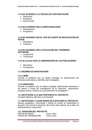 Jully Pahola Calderón Saldaña Ph. D. Luis Alzamora de los Godos Urcia Ph. D. Eduardo del Águila Horna Mg.




1.4.2 DE ACUERDO A LA TÉCNICA DE CONTRASTACIÓN
    Descriptiva
    Explicativa
    Experimental


1.4.3 DE ACUERDO CON LA DIRECCIONALIDAD
    Retrospectiva
    Prospectiva


1.4.4 DE ACUERDO CON EL TIPO DE FUENTE DE RECOLECCION DE
DATOS
    Retrolectiva
    Prolectiva


1.4.4 DE ACUERDO CON LA EVOLUCIÓN DEL FENÓMENO
ESTUDIADO
    Longitudinal
    Transversal

1.4.5 de acuerdo CON LA COMPARACIÓN DE LAS POBLACIONES

        Descriptiva
        Comparativa

1.5. RÉGIMEN DE INVESTIGACIÓN

1.5.1 LIBRE:
Cuando el problema que se desea investigar es seleccionado por
intereses particulares y científicos del investigador.

1.5.2 ORIENTADA:
Cuando el problema que se desea investigar seleccionado pertenece a
los planes o líneas de investigación de la institución, organización,
empresa centro o instituto a la que pertenece el investigador.

1.6. INSTITUCIÓN A LA QUE PERTENECE EL PROYECTO
Facultad, Maestría, Mención y Universidad.

1.7. INSTITUCIÓN Y LUGAR DONDE SE EJECUTARÁ EL PROYECTO
Espacio geográfico, Comunidad o distrito en donde se desarrollará el
proyecto. Se precisa la dirección del mismo para efectos de la labor de
asesoramiento y supervisión.

1.8. DURACIÓN DEL PROYECTO
FECHA DE INICIO          : (mes y año)
FECHA DE TERMINACIÓN     : (mes y año)

         [GUÍA DE ELABORACIÓN DE PROYECTOS DE TESIS DOCTORAL]                                 Página 5
 