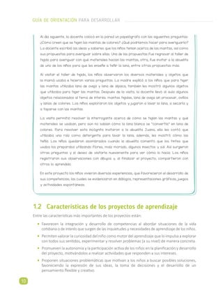 Al día siguiente, la docente colocó en la pared un papelógrafo con las siguientes preguntas:
¿Cómo creen que se tejen las mantas de colores? ¿Qué podríamos hacer para averiguarlo?
La docente escribió las ideas y saberes que los niños tenían acerca de las mantas, así como
sus propuestas para averiguar sobre ellas. Una de las propuestas fue regresar al taller de
tejido para averiguar con qué materiales hacían las mantas; otra, fue invitar a la abuelita
de uno de los niños para que les enseñe a teñir la lana, entre otras propuestas más.
Al visitar el taller de tejido, los niños observaron los diversos materiales y objetos que
la mamá usaba e hicieron varias preguntas. La madre explicó a los niños que para tejer
las mantas utilizaba lana de oveja y lana de alpaca; también les mostró algunos objetos
que utilizaba para tejer las mantas. Después de la visita, la docente llevó al aula algunos
objetos relacionados al tema de interés: mantas tejidas, lana de oveja sin procesar, ovillos
y lanas de colores. Los niños exploraron los objetos y jugaron a lavar la lana, a secarla y
a taparse con las mantas.
La visita permitió resolver la interrogante acerca de cómo se tejían las mantas y qué
materiales se usaban, pero aún no sabían cómo la lana blanca se “convertía” en lana de
colores. Para resolver esta incógnita invitaron a la abuelita Juana; ella les contó que
utilizaba una raíz como detergente para lavar la lana; además, les mostró cómo las
teñía. Los niños quedaron asombrados cuando la abuelita comentó que los tintes que
usaba los preparaba utilizando flores, maíz morado, algunos insectos y sal. Así surgieron
otras preguntas y el deseo de visitarla nuevamente para ver cómo lo hacía. Los niños
registraron sus observaciones con dibujos y, al finalizar el proyecto, compartieron con
otros lo aprendido.
En este proyecto los niños vivieron diversas experiencias, que favorecieron el desarrollo de
sus competencias, las cuales se evidenciaron en diálogos, representaciones gráficas, juegos
y actividades espontáneas.
1.2	 Características de los proyectos de aprendizaje
Entre las características más importantes de los proyectos están:
•	 Favorecen la integración y desarrollo de competencias al abordar situaciones de la vida
cotidiana o de interés que surgen de las inquietudes y necesidades de aprendizaje de los niños.
•	 Permiten valorar la curiosidad del niño como motor del aprendizaje que lo impulsa a explorar
con todos sus sentidos, experimentar y resolver problemas (a su nivel) de manera concreta.
•	 Promueven la autonomía y la participación activa de los niños en la planificación y desarrollo
del proyecto, motivándolos a realizar actividades que responden a sus intereses.
•	 Proponen situaciones problemáticas que motivan a los niños a buscar posibles soluciones,
favoreciendo la expresión de sus ideas, la toma de decisiones y el desarrollo de un
pensamiento flexible y creativo.
GUÍA DE ORIENTACIÓN PARA DESARROLLAR
10
 