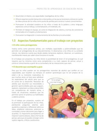 •	 Desarrollan el interés y las capacidades investigativas de los niños.
•	 Ofrecenexperienciasdeinteraccióneintercambio,enlasquesereconocenytomanencuenta
las ideas previas de los niños como punto de partida para construir nuevos conocimientos.
•	 Promueven la actividad creadora en los niños a través de la palabra y otros lenguajes
expresivos como el dibujo, la dramatización, el modelado, etc.
•	 Permiten el trabajo en equipo, así como la integración de valores y normas de convivencia
enmarcados en el respeto y la democracia.
•	 Promueven la integración e involucramiento de las familias y la comunidad.
1.3	 Aspectos fundamentales para el trabajo con proyectos
• El niño como protagonista
Implica verlos como personas activas, con múltiples capacidades y potencialidades que les
permiten ser protagonistas de sus descubrimientos. Si observamos a los niños en su contexto
natural, nos daremos cuenta que desde edades tempranas exploran, observan, se cuestionan,
manifestando interés por saber cómo funciona el mundo.
En el trabajo con proyectos, los niños tienen la posibilidad de tener el rol protagónico, lo cual
requiere que los miremos como seres competentes a su nivel, capaces de pensar, actuar y
construir conocimientos a partir de su curiosidad y de las interacciones que viven.
• El docente que acompaña y guía
Para que los niños puedan ser los protagonistas necesitan de adultos que confíen en sus
capacidades, que respeten sus tiempos sin acelerar aprendizajes que no son propios de su
edad o de su momento madurativo; lo
que muchas veces se hace para satisfacer
las expectativas del adulto pero que va
en contra de su desarrollo. Necesitan de
adultos que escuchen sus necesidades y
generen oportunidades para que jueguen,
exploren, replanteen sus ideas y desarrollen
sus competencias de manera activa, a
través de situaciones retadoras que les
permitan poner en práctica sus habilidades
y saberes previos.
En el trabajo con proyectos, nuestro rol
es promover la participación de los niños,
planteando preguntas abiertas para
ayudarlos a expresar y reflexionar sobre sus
ideas, establecer relaciones, potenciar su
curiosidad y tomar decisiones para llegar a
acuerdos. Es importante acompañarlos sin
imponer nuestros deseos, ideas o formas de
pensar, para que así puedan emerger como
sujetos seguros, críticos y autónomos.
Yo la cargué
y se cayó al piso.
PROYECTOS DE APRENDIZAJE EN EDUCACIÓN INICIAL
11
GUÍA
 