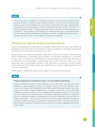 CASO 1
CASO 2
Un grupo de niños, al ingresar a su institución educativa, encuentran que las plantas de la
jardinera se están muriendo. Frente al interés surgido, la mamá de Ana, comenta que las
plantas se están secando debido a los rayos del sol. El comentario dio lugar a algunas ideas
y propuestas que los niños llevaron al aula: “Pobre planta, hay que ponerle un techito”, “sí,
hay que hacerle su techito” “profesora, ¿podemos hacer un techito a las plantas para que no
se mueran?”. Esta iniciativa es reconocida por la docente dando lugar a un proyecto donde
los niños desarrollaron competencias al proponer y diseñar una alternativa de solución: la
construcción de un “techo” para proteger las plantas de la jardinera.
• Proyectos que surgen de la propuesta que hace el docente:
Surgen como producto de la observación y el recojo y análisis de los intereses y necesidades de
aprendizaje de los niños que hace el docente, los que se concretizan en situaciones significativas
que motivan el desarrollo de un proyecto con los niños.
De igual manera,hay proyectos quepuedensurgirdesdelainstitucióneducativa,en basealanálisis
de las problemáticas o necesidades que el director y los docentes identifican en su contexto.
En estos casos, se requiere que cada docente vincule la necesidad o problemática detectada en
su institución con las necesidades y características de sus niños. Esto quiere decir que, si bien
hay problemáticas o necesidades comunes a nivel institucional, los proyectos no serán iguales,
pues en cada aula son los niños quienes irán mostrándonos el camino a seguir de acuerdo a sus
intereses y propuestas.
Veamos algunos ejemplos de proyectos que surgen de la propuesta de la docente.
Proyecto propuesto por la docente en base a una necesidad de aprendizaje:
Mónica, docente del aula de 5 años, observó que los niños iban poco al sector de la
biblioteca y, apenas ojeaban los libros, los dejaban tirados en el suelo. Además, se dio
cuenta que el lugar de la biblioteca no era el mejor, pues había poco espacio, los textos
estaban acumulados y apenas llegaba la luz. Al analizar la situación, se dio cuenta que
la biblioteca ponía en evidencia una necesidad de aprendizaje prevista por el currículo
que hace referencia a la participación en actividades colectivas orientadas al cuidado de
recursos, materiales y espacios compartidos (en este caso la biblioteca), que los niños no
estaban alcanzando. Por ello, pensó en provocar situaciones que evidencien el problema
y motiven el aporte de ideas y la participación activa de los niños a través de un proyecto
que los llevara a organizar la biblioteca para convertirla en un espacio agradable, de disfrute
y aprendizaje.
PROYECTOS DE APRENDIZAJE EN EDUCACIÓN INICIAL
13
GUÍA
 