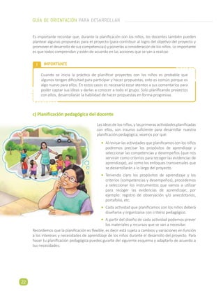 Es importante recordar que, durante la planificación con los niños, los docentes también pueden
plantear algunas propuestas para el proyecto (para contribuir al logro del objetivo del proyecto y
promover el desarrollo de sus competencias) y ponerlas a consideración de los niños. Lo importante
es que todos comprendan y estén de acuerdo en las acciones que se van a realizar.
IMPORTANTE
Cuando se inicia la práctica de planificar proyectos con los niños es probable que
algunos tengan dificultad para participar y hacer propuestas, esto es común porque es
algo nuevo para ellos. En estos casos es necesario estar atentos a sus comentarios para
poder captar sus ideas y darlas a conocer a todo el grupo. Solo planificando proyectos
con ellos, desarrollarán la habilidad de hacer propuestas en forma progresiva.
c) Planificación pedagógica del docente
Las ideas de los niños, y las primeras actividades planificadas
con ellos, son insumo suficiente para desarrollar nuestra
planificación pedagógica; veamos por qué:
•	 Al revisar las actividades que planificamos con los niños
podremos precisar los propósitos de aprendizaje y
seleccionar las competencias y desempeños (que nos
servirán como criterios para recoger las evidencias de
aprendizaje), así como los enfoques transversales que
se desarrollarán a lo largo del proyecto.
•	Teniendo claro los propósitos de aprendizaje y los
criterios (competencias y desempeños), procedemos
a seleccionar los instrumentos que vamos a utilizar
para recoger las evidencias de aprendizaje; por
ejemplo: registro de observación y/o anecdotarios,
portafolio, etc.
•	 Cada actividad que planificamos con los niños deberá
diseñarse y organizarse con criterio pedagógico.
•	 A partir del diseño de cada actividad podemos prever
los materiales y recursos que se van a necesitar.
Recordemos que la planificación es flexible, es decir está sujeta a cambios y variaciones en función
a los intereses y necesidades de aprendizaje de los niños durante el desarrollo del proyecto. Para
hacer tu planificación pedagógica puedes guiarte del siguiente esquema y adaptarlo de acuerdo a
tus necesidades:
GUÍA DE ORIENTACIÓN PARA DESARROLLAR
22
 