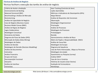 www.etecnologia.com.br Rildo Santos @rildosan | rildo.santos@etecnologia.com.br 20
Técnicas de Análise de Negócio
Técnicas facilitam a execução das tarefas de análise de negócio.
Critério de Aceite e Avaliação
Gerenciamento de Backlog
Balanced Scorecard (BSC)
Benchmarking e Análise de Mercado
Brainstorming
Análise de Capacidade de Negócio
Caso de Negócio (Business Cases)
Business Model Canvas (BMC)
Análise de Regras de Negócio
Jogos Colaborativos
Modelagem Conceitual
Dicionários de Dados
Diagrama de Fluxo de Dados (DFD)
Mineração de Dados (Data Mining)
Modelagem de Dados
Análise de Decisão
Modelagem de Decisão (Decision Modelling)
Análise de Documentos
Estimativa
Análise Financeira
Grupos de Focais
Decomposição Funcional
Glossário
Análise de Interface
Entrevistas
Item Tracking (Controle de Item)
Lições Aprendidas
Métricas e Indicadores de Desempenho (KPIs)
Mapa Mental
Análise de Requisitos não funcionais
Observação
Modelagem Organizacional
Priorização
Análise de Processos
Modelagem de Processos
Prototipagem
Revisão
Gerenciamento e Análise de Risco
Matriz de Papéis e Responsabilidade (RACI)
Análise de Causa Raiz
Modelagem de Escopo
Diagrama de Sequência
Lista de Parte Interessadas , Mapa ou Personas
Modelagem de estado
Questionário ou Pesquisa (survey)
Análise SWOT
Caso de Uso e Cenários
Histórias do Usuário (User Stories)
Avaliação de Fornecedores
Workshops
 