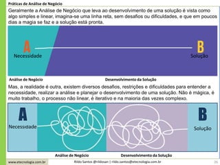 www.etecnologia.com.br Rildo Santos @rildosan | rildo.santos@etecnologia.com.br 26
Práticas de Análise de Negócio
Geralmente a Análise de Negócio que leva ao desenvolvimento de uma solução é vista como
algo simples e linear, imagina-se uma linha reta, sem desafios ou dificuldades, e que em poucos
dias a magia se faz e a solução está pronta.
Necessidade Solução
Necessidade Solução
SoluçãoNecessidade
A B
Análise de Negócio Desenvolvimento da Solução
Mas, a realidade é outra, existem diversos desafios, restrições e dificuldades para entender a
necessidade, realizar a análise e planejar o desenvolvimento de uma solução. Não é mágica, é
muito trabalho, o processo não linear, é iterativo e na maioria das vezes complexo.
Análise de Negócio Desenvolvimento da Solução
 
