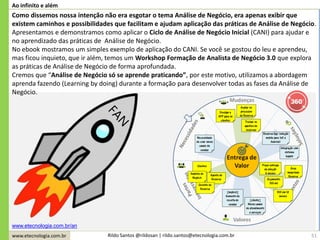 www.etecnologia.com.br Rildo Santos @rildosan | rildo.santos@etecnologia.com.br
Ao infinito e além
51
Como dissemos nossa intenção não era esgotar o tema Análise de Negócio, era apenas exibir que
existem caminhos e possibilidades que facilitam e ajudam aplicação das práticas de Análise de Negócio.
Apresentamos e demonstramos como aplicar o Ciclo de Análise de Negócio Inicial (CANI) para ajudar e
no aprendizado das práticas de Análise de Negócio.
No ebook mostramos um simples exemplo de aplicação do CANI. Se você se gostou do leu e aprendeu,
mas ficou inquieto, que ir além, temos um Workshop Formação de Analista de Negócio 3.0 que explora
as práticas de Análise de Negócio de forma aprofundada.
Cremos que “Análise de Negócio só se aprende praticando”, por este motivo, utilizamos a abordagem
aprenda fazendo (Learning by doing) durante a formação para desenvolver todas as fases da Análise de
Negócio.
www.etecnologia.com.br/an
 