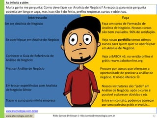 www.etecnologia.com.br Rildo Santos @rildosan | rildo.santos@etecnologia.com.br
Ao infinito e além
52
Muita gente me pergunta: Como deve fazer ser Analista de Negócio? A resposta para este pergunta
poderia ser longa e vaga, mas isso não é do feitio, prefiro respostas curtas e objetivas.
Interessado Faça
Em ser Analista de Negócio Faça um curso de Formação de
Analista de Negócio. Nossos cursos
são bem avaliados. 96% de satisfação.
Conhecer o Guia de Referência de
Análise de Negócio
Veja o BABOK v3, na versão online é
grátis: www.babokonline.org
Praticar Análise de Negócio
Em trocar experiências com Analista
de Negócio Sênior
Trazer o curso para minha empresa
Procure por cursos que ofereçam a
oportunidade de praticar a análise de
negócio. O nosso oferece 
Nossos instrutores são “jedis” em
Análise de Negócio, após o curso é
possível esclarecer dúvidas e etc
Entre em contato, podemos começar
por uma palestra grátis e evoluir...
Se aperfeiçoar em Análise de Negócio Veja nosso portfólio temos ótimos
cursos para quem quer se aperfeiçoar
em Análise de Negócio.
www.etecnologia.com.br/an
 