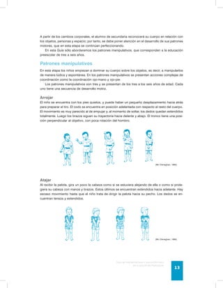 A partir de los cambios corporales, el alumno de secundaria reconocerá su cuerpo en relación con 
los objetos, personas y espacio; por tanto, se debe poner atención en el desarrollo de sus patrones 
motores, que en esta etapa se continúan perfeccionando. 
En esta Guía sólo abordaremos los patrones manipulativos, que corresponden a la educación 
preescolar de tres a seis años. 
Patrones manipulativos 
En esta etapa los niños empiezan a dominar su cuerpo sobre los objetos, es decir, a manipularlos 
de manera lúdica y espontánea. En los patrones manipulativos se presentan acciones complejas de 
coordinación como la coordinación ojo-mano y ojo-pie. 
Los patrones manipulativos son tres y se presentan de los tres a los seis años de edad. Cada 
Guía de psicomotricidad y educación física 
en la educación preescolar 13 
uno tiene una secuencia de desarrollo motriz. 
Arrojar 
El niño se encuentra con los pies quietos, y puede haber un pequeño desplazamiento hacia atrás 
para preparar el tiro. El codo se encuentra en posición adelantada con respecto al resto del cuerpo. 
El movimiento es muy parecido al de empujar y, al momento de soltar, los dedos quedan extendidos 
totalmente. Luego los brazos siguen su trayectoria hacia delante y abajo. El tronco tiene una posi-ción 
perpendicular al objetivo, con poca rotación del hombro. 
(Mc Clenaghan, 1985) 
Atajar 
Al recibir la pelota, gira un poco la cabeza como si se estuviera alejando de ella o como si prote-giera 
su cabeza con manos y brazos. Estos últimos se encuentran extendidos hacia adelante. Hay 
escaso movimiento hasta que el niño trata de dirigir la pelota hacia su pecho. Los dedos se en-cuentran 
tensos y extendidos. 
(Mc Clenaghan, 1985) 
 