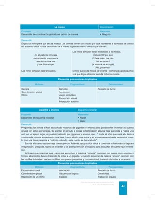 La mosca Coordinación 
Guía de psicomotricidad y educación física 
en la educación preescolar 25 
Propósito 
Desarrollar la coordinación global y el patrón de carrera. 
Materiales 
• Ninguno 
Desarrollo 
Elige a un niño para que sea la mosca. Los demás forman un círculo y el que representa a la mosca se coloca 
en el centro de la ronda. Se toman de la mano y giran al mismo tiempo que cantan: 
En el patio de mi casa 
me encontré una mosca 
me dio mucha lata 
y me hizo enojar. 
Los niños simulan estar enojados. 
Los niños simulan echar insecticida a la mosca. 
¡Échele flit! pss pss 
¡Échele más! pss pss. 
¿Ya se murió? 
(la mosca se encoge) 
¡No, ya revivió! 
El niño que es la mosca se levanta y comienza a perseguirlos 
y al que logre alcanzar será la próxima mosca. 
Elementos psicomotores implicados 
Motores Cognoscitivos Psicosociales 
Carrera 
Coordinación global 
Ritmo 
Atención 
Asociación 
Juego simbólico 
Percepción visual 
Percepción auditiva 
Respeto de turno 
Gigantes y enanos Esquema corporal 
Propósito 
Desarrollar el esquema corporal. 
Materiales 
• Papel 
• Lápiz 
Desarrollo 
Pregunta a los niños si han escuchado historias de gigantes y enanos para proponerles inventar un cuento 
grupal con estos personajes. Se sientan en círculo e inicias la historia con alguna frase parecida a “había una 
vez, en un lejano lugar, un pueblo habitado por gigantes y enanos que…” Invita al niño que está a tu lado a 
continuar la historia aumentando una frase, luego al niño que sigue y así sucesivamente hasta terminar el cuen-to 
con una frase parecida a “colorín colorado, este cuento se ha acabado”. 
Escribe el cuento que se vaya construyendo. Además, apoya a los niños a continuar la historia con lógica e 
imaginación. Después, todos se levantan y se distribuyen por el espacio para escuchar el cuento que inventa-ron. 
Indícales que mientras lees, cada que escuchen la palabra “gigante” caminen con pasos muy grandes y 
firmes, alzando los brazos tratando de imitar a un gigante, y cuando escuchen la palabra “enano” caminen con 
las rodillas dobladas casi en cuclillas, con pasos pequeños y con velocidad, tratando de imitar a un enano. 
Elementos psicomotores implicados 
Motores Cognoscitivos Psicosociales 
Esquema corporal 
Coordinación global 
Repetición de un ritmo 
Asociación 
Secuencias lógicas 
Espacio 
Respeto de turno 
Creatividad 
Trabajo en equipo 
 