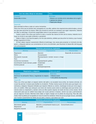 Con mis oídos dibujo la naturaleza Ritmo 
Propósito 
Desarrollar el ritmo. 
Guía de psicomotricidad y educación física 
en la educación preescolar 30 
Materiales 
Música con sonidos de la naturaleza • de la región 
• Lápices de colores 
• Papel para dibujar 
Desarrollo 
Esta actividad se lleva a cabo en varios momentos: 
Pide a los niños que se sienten bien recargados en una silla, realicen dos respiraciones abdominales y cierren 
los ojos para escuchar la música. Diles que durante la canción es necesario que sigan respirando, tratando 
de inflar su estómago. Al terminar pregúntales sobre lo que pensaron y sintieron. 
Vuelve a pedir a los niños que cierren lo ojos y muevan las manos al ritmo de la música, tratando de di-bujar 
en el aire lo que estén sintiendo o pensando. 
Dales un lápiz y una hoja de papel y con los ojos abiertos, pídeles que escuchen la música y que muevan 
el lápiz siguiendo el ritmo. 
Al final, deben respirar nuevamente inflando el estómago, tres veces para propiciar un momento de rela-jación, 
y después externar sus comentarios en torno a la actividad, para favorecer el desarrollo del lenguaje 
y la comunicación. 
Elementos psicomotores implicados 
Motores Cognoscitivos Psicosociales 
Respiración 
Ritmo 
Disociación muscular 
Tono 
Control de movimiento 
Coordinación óculo-manual y pedal 
Control postural 
Atención 
Concentración 
Representación mental: evocar e imagi-nar 
Representación gráfica 
Creatividad 
Espacio 
Sensopercepciones 
Desarrollo de emociones 
Respiración y relajación Cierre de sesión 
Propósito 
Disminuir la activación física y regularizar la respira-ción. 
Materiales 
• Música suave 
• Una pelota de ping-pong 
Desarrollo 
Pide a los niños que elijan un espacio dentro del salón y se acuesten boca arriba, de manera cómoda, sin 
cruzar las piernas ni brazos para facilitar la circulación. Ponles música suave de fondo para que logren con-centrarse 
y relajarse. Después indícales que respiren inflando su vientre, mantengan el aire por cinco segun-dos 
y lo suelten. Diles que coloquen una mano de manera suave sobre su estómago para que tomen con-ciencia 
sobre su respiración y sientan cómo se infla cuando respiran (lo harán de tres a cinco veces). Da la 
instrucción para que se volteen boca abajo (sin cruzar piernas ni brazos), cierren sus ojos y permanezcan 
así por algunos minutos. Mientras tanto dales un ligero masaje con la pelota de ping-pong. Para ello sólo 
harás rodar la pelota por la espalda sin tocar la columna vertebral. Antes de que se pongan de pie, solicítales 
que muevan suavemente los dedos de sus pies y manos y que abran sus ojos. 
Elementos psicomotores implicados 
Motores Cognoscitivos Psicosociales 
Movimiento global 
Respiración 
Esquema corporal 
Atención y concentración hacia su pro-pio 
cuerpo 
Conocimiento de sí 
 