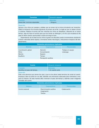 Trenecitos Ubicación espacial 
Guía de psicomotricidad y educación física 
en la educación preescolar 35 
Propósito 
Desarrollar nociones espaciales. 
Materiales 
• Ninguno 
Desarrollo 
Agrupa a los niños por parejas y pídeles que se tomen de la cintura simulando ser trenecitos. 
Dales la indicación de moverse siguiendo al primero de la fila. La regla es que no deben chocar 
ni soltarse. Realiza el sonido del tren mientras los niños se desplazan; después de un breve 
tiempo, deja de hacer el sonido para que los trenes se detengan y el niño que encabeza la fila 
pase al último dando oportunidad a todos de dirigir el tren. 
Dependiendo de la edad de los niños el grado de dificultad puede incrementarse añadiendo 
el factor velocidad (lento-rápido) o formando trenes más largos y reduciendo el espacio del des-plazamiento. 
Elementos psicomotores implicados 
Motores Cognoscitivos Psicosociales 
Coordinación global 
Ritmo 
Marcha 
Equilibrio 
Atención 
Concentración 
Espacio 
Tiempo 
Percepción auditiva 
Trabajo en equipo 
Liderazgo 
Cuento Ubicación temporal 
Propósito 
Identificar el paso del tiempo. 
Materiales 
• Un cuento corto 
Desarrollo 
Pide a los alumnos que cierren los ojos y que no los abran hasta terminar de contar el cuento. 
Empieza a leer el cuento en voz alta, dándole una entonación adecuada para motivarlos a ima-ginar 
la historia. De esta manera ellos vivencian el paso del tiempo y además crean imágenes 
mentales del cuento. 
Elementos psicomotores implicados 
Motores Cognoscitivos Psicosociales 
Control postural Discriminación auditiva 
Imaginación 
Tiempo 
Colaboración 
 