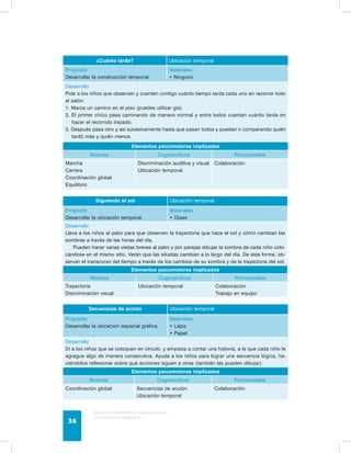 ¿Cuánto tarda? Ubicación temporal 
Propósito 
Desarrollar la construcción temporal. 
Guía de psicomotricidad y educación física 
en la educación preescolar 36 
Materiales 
• Ninguno 
Desarrollo 
Pide a los niños que observen y cuenten contigo cuánto tiempo tarda cada uno en recorrer todo 
el salón. 
1. Marca un camino en el piso (puedes utilizar gis). 
2. El primer chico pasa caminando de manera normal y entre todos cuentan cuánto tarda en 
hacer el recorrido trazado. 
3. Después pasa otro y así sucesivamente hasta que pasen todos y puedan ir comparando quién 
tardó más y quién menos. 
Elementos psicomotores implicados 
Motores Cognoscitivos Psicosociales 
Marcha 
Carrera 
Coordinación global 
Equilibrio 
Discriminación auditiva y visual 
Ubicación temporal 
Colaboración 
Siguiendo el sol Ubicación temporal 
Propósito 
Desarrollar la ubicación temporal. 
Materiales 
• Gises 
Desarrollo 
Lleva a los niños al patio para que observen la trayectoria que hace el sol y cómo cambian las 
sombras a través de las horas del día. 
Pueden hacer varias visitas breves al patio y por parejas dibujar la sombra de cada niño colo-cándose 
en el mismo sitio. Verán que las siluetas cambian a lo largo del día. De esta forma, ob-servan 
el transcurso del tiempo a través de los cambios de su sombra y de la trayectoria del sol. 
Elementos psicomotores implicados 
Motores Cognoscitivos Psicosociales 
Trayectoria 
Discriminación visual 
Ubicación temporal Colaboración 
Trabajo en equipo 
Secuencias de acción Ubicación temporal 
Propósito 
Desarrollar la ubicación espacial gráfica. 
Materiales 
• Lápiz 
• Papel 
Desarrollo 
Di a los niños que se coloquen en círculo, y empieza a contar una historia, a la que cada niño le 
agregue algo de manera consecutiva. Ayuda a los niños para lograr una secuencia lógica, ha-ciéndolos 
reflexionar sobre qué acciones siguen a otras (también las pueden dibujar). 
Elementos psicomotores implicados 
Motores Cognoscitivos Psicosociales 
Coordinación global Secuencias de acción 
Ubicación temporal 
Colaboración 
 