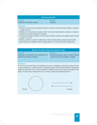 Guía de psicomotricidad y educación física 
en la educación preescolar 45 
Ejercicios posturales 
Propósito 
Favorecer una postura correcta. 
Materiales 
• Ninguno 
Actividades 
• Sentados con las piernas cruzadas (chinitos), colocar las manos sobre las rodillas y enderezar 
y relajar el tronco. 
• Sentados con las piernas cruzadas, elevar los brazos hacia delante contando un tiempo y 
después hacia arriba paralelos a la cabeza. 
• En posición de gateo, levantar un brazo hacia el frente a la altura de la cabeza, bajar el brazo 
y repetir con el otro. 
• Parados, sostener un palo con cada mano, elevar hacia los lados y después hacia arriba. 
• Estos ejercicios se realizan antes del trabajo gráfico, en tres series de tres repeticiones. 
Ejercicios en plano vertical y horizontal (no hoja) 
Propósito 
Favorecer la coordinación fina mediante la ex-ploración 
de diversos espacios. 
Materiales 
• Superficies planas, duras, de fácil limpieza 
(pueden cubrirse con plástico o papel). 
Actividades 
Di al niño que se pare frente a la superficie en la que va a trabajar, y acomode sus pies a la altu-ra 
de los hombros, su cabeza derecha, la espalda erguida y los hombros alineados. Indícale que 
realice los ejercicios con su mano dominante y coloque la otra mano sobre la superficie como 
apoyo; de este modo, tomará pintura con su mano y hará los siguientes ejercicios. 
Círculo Va-viene 
 