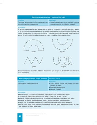 Ejercicios en plano vertical y horizontal (no hoja) 
Propósito 
Favorecer la coordinación fina mediante la ex-ploración 
de diversos espacios. 
cerrito laguito 
pasto oruguita 
Guía de psicomotricidad y educación física 
en la educación preescolar 46 
Materiales 
• Superficies planas, duras, de fácil limpieza 
(pueden cubrirse con plástico o papel). 
Actividades 
Di al niño que se pare frente a la superficie en la que va a trabajar, y acomode sus pies a la altu-ra 
de los hombros, su cabeza derecha, la espalda erguida y los hombros alineados. Indícale que 
realice los ejercicios con su mano dominante y coloque la otra mano sobre la superficie como 
apoyo; de este modo, tomará pintura con su mano y hará los siguientes ejercicios. 
Es importante decir el nombre del trazo al momento que se ejecuta, dividiéndolo por sílabas en 
cada movimiento. 
Ejercicios preparatorios para la escritura Habilidad manual 
Propósito 
Desarrollar la habilidad manual. 
Materiales 
• Arena, tierra, harina, sal pintada con tiza, 
gelatina en polvo 
• Charolas rectangulares 
• Lápices o palitos 
Actividades 
• Pasar un lápiz o un palo con los dedos hasta llegar al otro extremo de la mano. 
• Tocar con el pulgar cada dedo con una mano y luego con las dos a la vez. 
• Realizar juegos que permitan disociar los dedos con canciones como witzi, witzi araña. 
• Colocar las manos abiertas sobre la mesa y levantar los dedos alternadamente. 
• Seguir con los dedos el contorno de un dibujo sobre arena (tierra harina, etcétera). 
• Hacer trazos libres sobre charolas con diferentes texturas: arena, sal pintada con tiza de colo-res, 
gelatina en polvo, entre otras. 
 