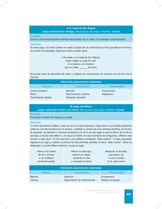 Guía de psicomotricidad y educación física 
en la educación preescolar 69 
A la rueda de San Miguel 
Juego tradicional de Hidalgo. Recopilación de juegos infantiles. Conafe. 
Propósito 
Que los niños experimenten distintas velocidades de un canto y lo expresen corporalmente. 
Desarrollo 
En este juego, los niños cantan en rueda y según les va nombrando el niño que está en el centro, 
se vuelven de espaldas, hasta que todos quedan igual. 
A la rueda, a la rueda de San Miguel, 
todos cargan su caja de miel. 
A lo maduro, a lo maduro, 
que se voltee _______ de burro. 
Se puede variar la velocidad del canto, y realizar los movimientos de acuerdo con el ritmo de la 
canción. 
Elementos psicomotores implicados 
Motores Cognoscitivos Psicosociales 
Control postural 
Ritmo 
Coordinación global 
Atención 
Discriminación auditiva 
Ubicación espacial 
Cooperación 
Integración 
El juego del Milano 
Juego tradicional de San Luis Potosí. Recopilación de juegos infantiles. Conafe. 
Propósito 
Favorecer el patrón de marcha y carrera. 
Desarrollo 
Un niño representa a Milano, quien se va a un lugar apartado y finge dormir. Los demás pequeños 
están en una fila tomados por la cintura, y desfilan y cantan las dos primeras estrofas; al concluir 
la segunda, se detienen y entonan la tercera con el fin de dar lugar a que el último de la fila se 
acerque a donde está Milano y le toque la frente. En ese momento les preguntas: ¿Milano está 
muerto o está sano?; el niño que fue a ver a Milano contestará: “tiene catarro”. A cada respuesta, 
regresa a su lugar y vuelven a entonar las dos primeras estrofas. Al decir “está muerto”, todos se 
dispersan y a quien Milano alcance, ocupa su lugar. 
Vamos a la huerta 
de toro, toronjil, 
a ver a Milano 
comiendo perejil. 
Milano no está aquí, 
está en su vergel, 
abriendo la rosa 
y cerrando el clavel. 
Mariquita, la de atrás, 
que vaya a ver 
si vive o muere, 
si no, para correr. 
Elementos psicomotores implicados 
Motores Cognoscitivos Psicosociales 
Marcha 
Carrera 
Atención 
Seguimiento de instrucciones 
Cooperación 
Trabajo en equipo 
 