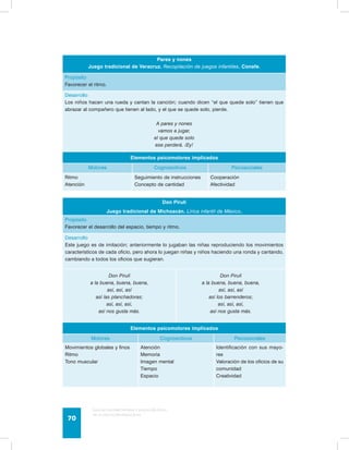 Pares y nones 
Juego tradicional de Veracruz. Recopilación de juegos infantiles. Conafe. 
Propósito 
Favorecer el ritmo. 
Desarrollo 
Los niños hacen una rueda y cantan la canción; cuando dicen “el que quede solo” tienen que 
abrazar al compañero que tienen al lado, y el que se quede solo, pierde. 
A pares y nones 
vamos a jugar, 
el que quede solo 
ese perderá. ¡Ey! 
Elementos psicomotores implicados 
Motores Cognoscitivos Psicosociales 
Ritmo 
Atención 
Seguimiento de instrucciones 
Concepto de cantidad 
Guía de psicomotricidad y educación física 
en la educación preescolar 70 
Cooperación 
Afectividad 
Don Pirulí 
Juego tradicional de Michoacán. Lírica infantil de México. 
Propósito 
Favorecer el desarrollo del espacio, tiempo y ritmo. 
Desarrollo 
Este juego es de imitación; anteriormente lo jugaban las niñas reproduciendo los movimientos 
característicos de cada oficio, pero ahora lo juegan niñas y niños haciendo una ronda y cantando, 
cambiando a todos los oficios que sugieran. 
Don Pirulí 
a la buena, buena, buena, 
así, así, así 
así las planchadoras; 
así, así, así, 
así nos gusta más. 
Don Pirulí 
a la buena, buena, buena, 
así, así, así 
así los barrenderos; 
así, así, así, 
así nos gusta más. 
Elementos psicomotores implicados 
Motores Cognoscitivos Psicosociales 
Movimientos globales y finos 
Ritmo 
Tono muscular 
Atención 
Memoria 
Imagen mental 
Tiempo 
Espacio 
Identificación con sus mayo-res 
Valoración de los oficios de su 
comunidad 
Creatividad 
 