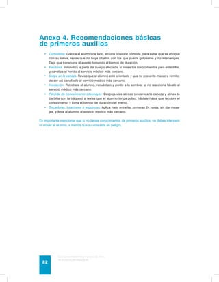 Anexo 4. Recomendaciones básicas 
de primeros auxilios 
• Convulsión. Coloca al alumno de lado, en una posición cómoda, para evitar que se ahogue 
con su saliva; revisa que no haya objetos con los que pueda golpearse y no intervengas. 
Deja que transcurra el evento tomando el tiempo de duración. 
• Fracturas. Inmoviliza la parte del cuerpo afectada, si tienes los conocimientos para entablillar, 
y canaliza al herido al servicio médico más cercano. 
• Golpe en la cabeza. Revisa que el alumno esté orientado y que no presente mareo o vomito; 
de ser así canalízalo al servicio medico más cercano. 
• Insolación. Rehidrata al alumno, recuéstalo y ponlo a la sombra; si no reacciona llévalo al 
servicio médico más cercano. 
• Pérdida de conocimiento (desmayo). Despeja vías aéreas (endereza la cabeza y alinea la 
barbilla con la tráquea) y revisa que el alumno tenga pulso; háblale hasta que recobre el 
conocimiento y toma el tiempo de duración del evento. 
• Torceduras, luxaciones o esguinces. Aplica hielo entre las primeras 24 horas, sin dar masa-jes, 
y lleva al alumno al servicio médico más cercano. 
Es importante mencionar que si no tienes conocimientos de primeros auxilios, no debes intervenir 
ni mover al alumno, a menos que su vida esté en peligro. 
Guía de psicomotricidad y educación física 
en la educación preescolar 82 
 