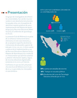 Un grupo de investigadores de diferen-
tes universidades, han venido incursio-
nando en este desafiante tema durante
los pasados años, con el propósito de
identificar mejores prácticas de uso e
implementación de Objetos de Apren-
dizaje (oa) y Recursos Educativos Abier-
tos (rea), en ambientes de aprendizaje
en el aula.
La presente Guía de Referencia es parte
de un esfuerzo institucional latino-
americano, en este caso mexicano, y
de un proyecto específico de diversas
instituciones de educación superior de
este país (itesm, um, udg, itch) en cuanto
a cómo se da la implementación y uso
de Recursos Educativos Abiertos (rea) y
Objetos de Aprendizaje (oa) a través de
un metaconector que permite cosechar
y obtener información rápida y segura
de recursos educativos digitalizados
existentes en la www y el Internet.
Confiamos en que sea útil y de prove-
cho esta Guía de Referencia en el uso
de rea y oa para todos los interesados
en esta temática.
esta guía fue elaborada con base en
la contribución de:
241 docentes
		
mujeres 71% hombres 29%
30% cuenta con estudios de maestría
66% Trabajan en escuelas públicas
82% Estudiantes del curso de Tecnología 	
Educativa ofrecido por el itesm
Presentación
22% Estado de México
9% Morelos
8% Nuevo León
51% Otros
90% República Mexicana
 