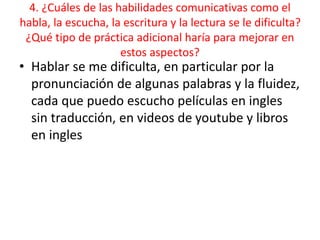 4. ¿Cuáles de las habilidades comunicativas como el
habla, la escucha, la escritura y la lectura se le dificulta?
¿Qué tipo de práctica adicional haría para mejorar en
estos aspectos?
• Hablar se me dificulta, en particular por la
pronunciación de algunas palabras y la fluidez,
cada que puedo escucho películas en ingles
sin traducción, en videos de youtube y libros
en ingles
 