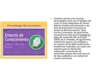 • Contiene acceso a los recursos
descargables como son el Syllabus del
curso, la Guía Integradora de Tareas,
Rúbrica Analítica de Evaluación y las
Guía de Evaluación Final para las
Tareas de Reconocimiento, Texto
Escrito y Entrevista. De igual forma,
encuentra los links para el estudio en
línea del contenido del curso que
consta de 2 Unidades; de igual forma,
material de apoyo a las unidades y
los enlaces de las Web Conferencias
Académicas realizadas, las cuales son
espacios para la interacción,
explicación y orientación de
contenidos propios del nivel que son
de tipo académico y se realizan de
manera sincrónica
 
