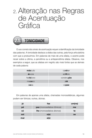 2.      Alteração nas regras
        de Acentuação
        Gráfica
  2.1. TONICIDADE
     O uso correto dos sinais de acentuação requer a identificação da tonicidade
das palavras. A tonicidade destaca a sílaba das outras, pela força articulatória
com que a produzimos. Em palavras de mais de uma sílaba, o acento pode
recair sobre a última, a penúltima ou a antepenúltima sílaba. Observe, nos
exemplos a seguir, que as sílabas em negrito são mais fortes que as demais
de cada palavra:

                       másculo                                       caráter
                         árvore                                      edifício
                      herbívoro                                     construção
                       macaco                                          até
                          casa                                        capaz



     Em palavras de apenas uma sílaba, chamadas monossilábicas, algumas
podem ser tônicas; outras, átonas.

              já                                       faz                      um(ns)
              pé                       paz (monossílabos tônicos)                me
              só                        lhe (monossílabos átonos)                 te
             sol                                       o(s)                      se
            mar                                        a(s)




GUIA INSTRUCIONAL SOBRE AS NOVAS REGRAS ORTOGRÁFICAS                                     19
 