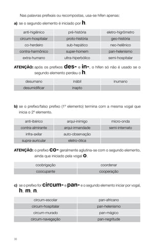 Nas palavras prefixais ou recompostas, usa-se hífen apenas:

a) se o segundo elemento é iniciado por h.

       anti-higiênico              pré-história           eletro-higrômetro
     circum-hospitalar            proto-história            geo-história
        co-herdeiro               sub-hepático              neo-helênico
     contra-harmônico             super-homem              pan-helenismo
       extra-humano              ultra-hiperbólico         semi-hospitalar

AteNçÃo: após os prefixos        des- e in-, o hífen só não é usado se o
               segundo elemento perdeu o h.

         desumano                     inábil                  inumano
       desumidificar                  inapto



b) se o prefixo/falso prefixo (1º elemento) termina com a mesma vogal que
     inicia o 2º elemento.

        anti-ibérico              arqui-inimigo             micro-onda
      contra-almirante           arqui-irmandade           semi-internato
         infra-axilar            auto-observação
      supra-auricular              eletro-ótica

AteNçÃo: o prefixo co- geralmente aglutina-se com o segundo elemento,
               ainda que iniciado pela vogal o.

                coobrigação                            coordenar
                coocupante                            cooperação


c) se o prefixo for circum- e pan- e o segundo elemento iniciar por vogal,
     h, m, n.
              circum-escolar                         pan-africano
             circum-hospitalar                       pan-helenismo
              circum-murado                           pan-mágico
            circum-navegação                         pan-negritude




30
 