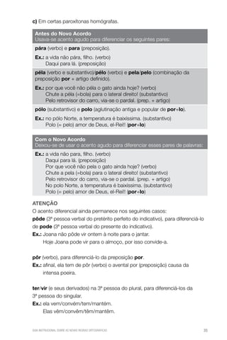 c) Em certas paroxítonas homógrafas.

 Antes do Novo Acordo
 Usava-se acento agudo para diferenciar os seguintes pares:
 pára (verbo) e para (preposição).
 ex.: a vida não pára, filho. (verbo)
      Daqui para lá. (preposição)
 péla (verbo e substantivo)/pélo (verbo) e pela/pelo (combinação da
 preposição por + artigo definido).
 ex.: por que você não péla o gato ainda hoje? (verbo)
      Chute a péla (=bola) para o lateral direito! (substantivo)
      Pelo retrovisor do carro, via-se o pardal. (prep. + artigo)
 pólo (substantivo) e polo (aglutinação antiga e popular de por+lo).
 ex.: no pólo Norte, a temperatura é baixíssima. (substantivo)
      Polo (= pelo) amor de Deus, el-Rei!! (por+lo)

 com o Novo Acordo
 Deixou-se de usar o acento agudo para diferenciar esses pares de palavras:
 ex.: a vida não para, filho. (verbo)
      Daqui para lá. (preposição)
      Por que você não pela o gato ainda hoje? (verbo)
      Chute a pela (=bola) para o lateral direito! (substantivo)
      Pelo retrovisor do carro, via-se o pardal. (prep. + artigo)
      No polo Norte, a temperatura é baixíssima. (substantivo)
      Polo (= pelo) amor de Deus, el-Rei!! (por+lo)

AteNçÃo
O acento diferencial ainda permanece nos seguintes casos:
pôde (3ª pessoa verbal do pretérito perfeito do indicativo), para diferenciá-lo
de pode (3ª pessoa verbal do presente do indicativo).
ex.: Joana não pôde vir ontem à noite para o jantar.
     Hoje Joana pode vir para o almoço, por isso convide-a.


pôr (verbo), para diferenciá-lo da preposição por.
ex.: afinal, ela tem de pôr (verbo) o avental por (preposição) causa da
     intensa poeira.


ter/vir (e seus derivados) na 3ª pessoa do plural, para diferenciá-los da
3ª pessoa do singular.
ex.: ela vem/convém/tem/mantém.
     Elas vêm/convêm/têm/mantêm.


GUIA INSTRUCIONAL SOBRE AS NOVAS REGRAS ORTOGRÁFICAS                          35
 