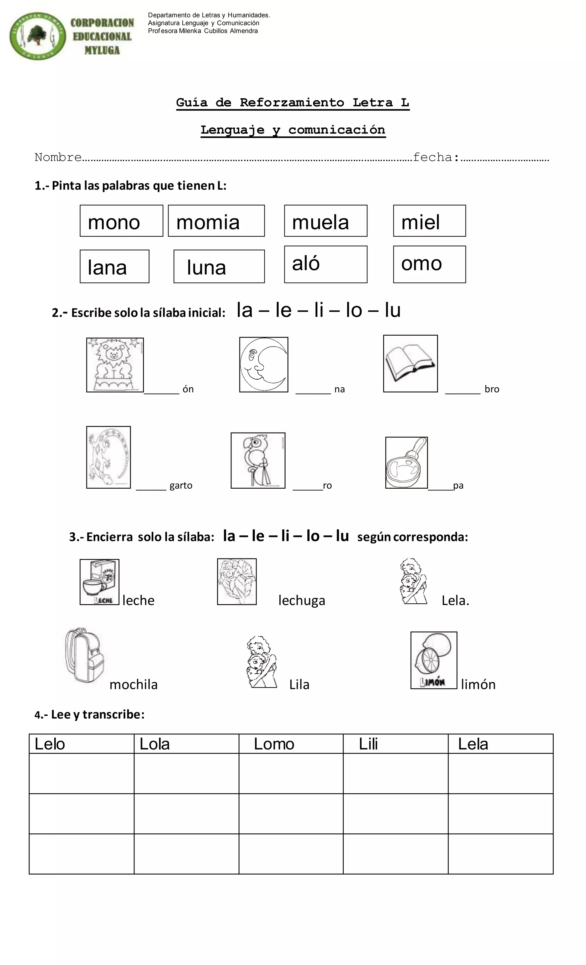Guia de reforzamiento letra l | DOC