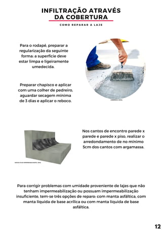 INFILTRAÇÃO ATRAVÉS
DA COBERTURA
C O M O R E P A R A R A L A J E
12
Nos cantos de encontro parede x
parede e parede x piso, realizar o
arredondamento de no mínimo
5cm dos cantos com argamassa.
Para o rodapé, preparar a
regularização da seguinte
forma: a superfície deve
estar limpa e ligeiramente
umedecida.
Preparar chapisco e aplicar
com uma colher de pedreiro,
aguardar secagem mínima
de 3 dias e aplicar o reboco.
Para corrigir problemas com umidade proveniente de lajes que não
tenham impermeabilização ou possuam impermeabilização
insuficiente, tem-se três opções de reparo: com manta asfáltica, com
manta líquida de base acrílica ou com manta líquida de base
asfáltica.
(FIBERSALS, 2019a)
(SOUZA FILHO IMPERMEABILIZANTE, 2018)
 