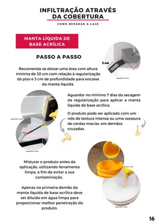 MANTA LÍQUIDA DE
BASE ACRÍLICA
Misturar o produto antes da
aplicação, utilizando ferramenta
limpa, a fim de evitar a sua
contaminação.
Apenas na primeira demão da
manta líquida de base acrílica deve
ser diluído em água limpa para
proporcionar melhor penetração do
produto.
Recomenda-se deixar uma área com altura
mínima de 30 cm com relação à regularização
do piso e 3 cm de profundidade para encaixe
da manta líquida.
INFILTRAÇÃO ATRAVÉS
DA COBERTURA
Aguardar no mínimo 7 dias da secagem
da regularização para aplicar a manta
líquida de base acrílica.
O produto pode ser aplicado com um
rolo de textura intensa ou uma vassoura
de cerdas macias, em demãos
cruzadas.
C O M O R E P A R A R A L A J E
PASSO A PASSO
3 cm
16
(QUARTZOLIT, 2017a)
(SILKAFILL, 2019)
(QUARTZOLIT, 2017a)
(QUARTZOLIT, 2017a)
(QUARTZOLIT, 2017a)
 