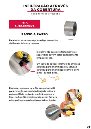 INFILTRAÇÃO ATRAVÉS
DA COBERTURA
C O M O R E P A R A R O T E L H A D O
FITA
AUTOADESIVA
PASSO A PASSO
Para tratar vazamentos pontuais provenientes
de fissuras, trincas e reparos
Inicialmente para este tratamento as
superfícies devem estar perfeitamente
limpas e secas.
Em seguida aplicar 1 demão de emulsão
asfáltica para imprimação ou solução
asfáltica para imprimação como o com
pincel ou rolo de lã.
Posteriormente cortar a fita autoadesiva (1)
para vedação, na medida desejada, retirar a
película (2) de proteção e aplicá-la sobre o
local do furo (3), pressionando-a com firmeza,
principalmente nas bordas ou extremidades
21
(PIATÃ, 2018)
(TELHA NORTE, 2018)
(PIATÃ, 2018)
(HIPERFER, 2019)
(HIPERFER, 2019)
 