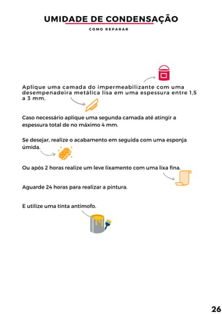 Aplique uma camada do impermeabilizante com uma
desempenadeira metálica lisa em uma espessura entre 1,5
a 3 mm.
Se desejar, realize o acabamento em seguida com uma esponja
úmida.
E utilize uma tinta antimofo.
Caso necessário aplique uma segunda camada até atingir a
espessura total de no máximo 4 mm.
Ou após 2 horas realize um leve lixamento com uma lixa fina.
UMIDADE DE CONDENSAÇÃO
C O M O R E P A R A R
Aguarde 24 horas para realizar a pintura.
26
 
