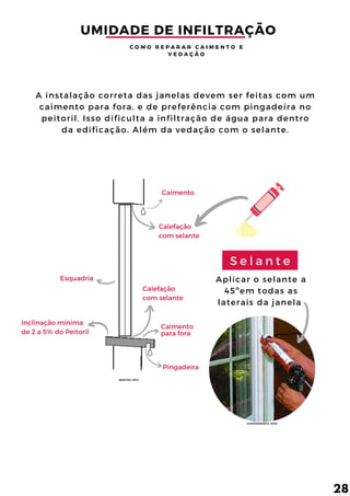 Calefação
com selante
Aplicar o selante a
45ºem todas as
laterais da janela
A instalação correta das janelas devem ser feitas com um
caimento para fora, e de preferência com pingadeira no
peitoril. Isso dificulta a infiltração de água para dentro
da edificação. Além da vedação com o selante.
S e l a n t e
Caimento
Calefação
com selante
Caimento
para fora
Pingadeira
Esquadria
Inclinação mínima
de 2 a 5% do Peitoril
UMIDADE DE INFILTRAÇÃO
C O M O R E P A R A R C A I M E N T O E
V E D A Ç Ã O
28
(BASTOS, 2011)
(CONTRAMARCO, 2016)
 