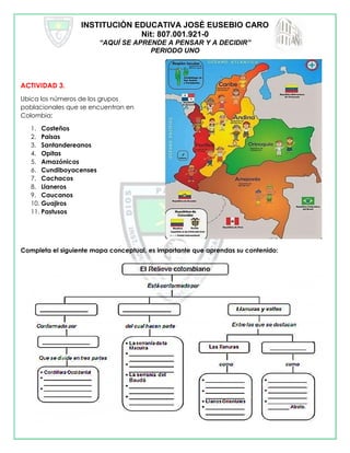 INSTITUCIÓN EDUCATIVA JOSÉ EUSEBIO CARO
Nit: 807.001.921-0
“AQUÍ SE APRENDE A PENSAR Y A DECIDIR”
PERIODO UNO
ACTIVIDAD 3.
Ubica los números de los grupos
poblacionales que se encuentran en
Colombia:
1. Costeños
2. Paisas
3. Santandereanos
4. Opitas
5. Amazónicos
6. Cundiboyacenses
7. Cachacos
8. Llaneros
9. Caucanos
10. Guajiros
11. Pastusos
Completa el siguiente mapa conceptual, es importante que aprendas su contenido:
 