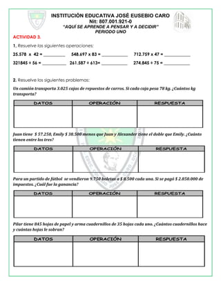 INSTITUCIÓN EDUCATIVA JOSÉ EUSEBIO CARO
Nit: 807.001.921-0
“AQUÍ SE APRENDE A PENSAR Y A DECIDIR”
PERIODO UNO
ACTIVIDAD 3.
1, Resuelve las siguientes operaciones:
25.578 x 42 = __________ 548.697 x 83 = ____________ 712.759 x 47 = ____________
321845 ÷ 56 = ___________ 261.587 ÷ 613= ____________ 274.845 ÷ 75 = ____________
2. Resuelve los siguientes problemas:
Un camión transporta 3.025 cajas de repuestos de carros. Si cada caja pesa 78 kg. ¿Cuántos kg
transporta?
Juan tiene $ 57.250, Emily $ 38.500 menos que Juan y Alexander tiene el doble que Emily. ¿Cuánto
tienen entre los tres?
Para un partido de fútbol se vendieron 9.750 boletas a $ 8.500 cada una. Si se pagó $ 2.850.000 de
impuestos. ¿Cuál fue la ganancia?
Pilar tiene 845 hojas de papel y arma cuadernillos de 35 hojas cada uno. ¿Cuántos cuadernillos hace
y cuántas hojas le sobran?
 