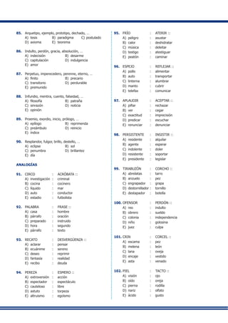 85.	 Arquetipo, ejemplo, prototipo, dechado, …
A) 	tesis	 B) 	paradigma	 C) 	postulado
D) 	axioma	 E) 	teorema
86.	 Indulto, perdón, gracia, absolución, …
A) 	indecisión	 B) 	desarme
C) 	capitulación	 D) 	indulgencia
E) 	amor
87.	 Perpetuo, imperecedero, perenne, eterno, …
A) 	finito	 B) 	precario
C) 	transitorio	 D) 	perdurable
E) 	premunido
88.	 Infundio, mentira, cuento, falsedad, …
A) 	filosofía	 B) 	patraña
C) 	sinrazón	 D) 	noticia
E) 	opinión
89.	 Proemio, exordio, inicio, prólogo, …
A) 	epílogo	 B) 	reprimenda
C) 	preámbulo	 D) 	reinicio
E) 	índice
90.	 Resplandor, fulgor, brillo, destello, …
A) 	eclipse	 B) 	sol
C) 	penumbra	 D) 	brillantez
E) 	día
ANALOGÍAS
91.	 CIRCO	 : 	 ACRÓBATA ::
A) 	investigación	 : 	 criminal
B) 	cocina	 : 	 cocinero
C) 	líquido	 : 	 mar
D) 	auto	 : 	 conductor
E) 	estadio	 :	 futbolista
92.	 PALABRA 	 :	 FRASE ::
A) 	casa	 : 	 hombre
B) 	párrafo 	: 	 oración
C) 	preparado	 :	 instruido
D) 	hora	 : 	 segundo
E) 	párrafo	 : 	 texto
93.	 RECATO	 : 	DESVERGÜENZA ::
A) 	aclarar	 : 	 pensar
B) 	ecuánime	 : 	 sereno
C) 	deseo	 : 	 reprimir
D) 	fantasía	 : 	 realidad	
E) 	recibo	 : 	 deuda
94.	 PEREZA	 : 	 ESMERO ::
A) 	extroversión	 : 	 acción
B) 	espectador	 : 	 espectáculo
C) 	cauteloso	 : 	 libre
D) 	astuto	 : 	 torpeza
E)	 altruismo	 : 	 egoísmo
95.	 FRÍO	 : 	 ATERIR ::
A)	 peligro	 : 	 asustar
B) 	calor	 : 	 deshidratar
C) 	música	 : 	 deleitar
D) 	testigo	 : 	 atestiguar
E) 	peatón	 : 	 caminar
96.	 ESPEJO	 : 	 REFLEJAR ::
A) 	pollo	 : 	 alimentar
B) 	auto	 : 	 transportar
C) 	linterna	 : 	 alumbrar
D) 	manto	 : 	 cubrir
E)	 telefax	 : 	 comunicar
97.	 APLAUDIR	 : 	 ACEPTAR ::
A) 	pifiar	 : 	 rechazar
B) 	ver	 : 	 cegar
C) 	exactitud	 : 	 imprecisión
D)	 predicar	 : 	 escuchar
E) 	renunciar	 : 	 denunciar
98.	 PERSISTENTE	 : 	 INSISTIR ::
A)	 residente	 : 	 alquilar
B) 	agente	 : 	 esperar
C) 	indolente	 : 	 doler
D) 	resistente	 : 	 soportar
E) 	presidente	 : 	 legislar
99.	 TIRABUZÓN	 : 	 CORCHO ::
A) 	abrelatas	 : 	 tarro
B) 	anzuelo	 : 	 pez
C) 	engrapador	 : 	 grapa
D) 	destornillador	: 	 tornillo
E) 	destapador	 : 	 botella
100.	OFENSOR	 : 	 PERDÓN ::
A) 	reo	 : 	 indulto
B) 	obrero	 : 	 sueldo
C) 	colonia	 : 	 independencia
D) 	niño	 : 	 golosina
E) 	juez	 : 	 culpa
101.	CRIN	 : 	 CORCEL ::
A) 	escama	 : 	 pez
B) 	melena	 : 	 león
C) 	lana	 : 	 oveja
D)	 encaje	 : 	 vestido
E) 	asta	 : 	 venado
102.	PIEL	 : 	 TACTO ::
A) 	visión	 : 	 ojo
B) 	oído	 : 	 oreja
C) 	pierna	 : 	 rodilla
D) 	nariz	 : 	 olfato
E) 	ácido	 : 	 gusto
 