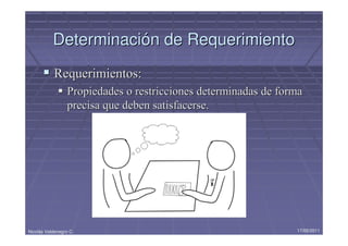 Determinación de Requerimiento
            Requerimientos:
                  Propiedades o restricciones determinadas de forma
                  precisa que deben satisfacerse.




Nicolás Valdenegro C.                                            17/05/2011
 
