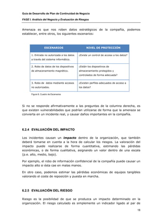 Guía de Desarrollo de Plan de Continuidad de Negocio

FASE I. Análisis del Negocio y Evaluación de Riesgos


Amenaza es que nos roben datos estratégicos de la compañía, podemos
establecer, entre otros, los siguientes escenarios:



                    ESCENARIOS                      NIVEL DE PROTECCIÓN

       1. Entrada no autorizada a los datos   ¿Existe un control de acceso a los datos?
       a través del sistema informático.


       2. Robo de datos de los dispositivos   ¿Están los dispositivos de
       de almacenamiento magnético.           almacenamiento protegidos y
                                              controlados de forma adecuada?


       3. Robo de datos mediante accesos      ¿Existen perfiles adecuados de acceso a
       no autorizados.                        los datos?

       Figura 6. Cuadro de Escenarios




Si no se responde afirmativamente a las preguntas de la columna derecha, es
que existen vulnerabilidades que podrían utilizarse de forma que la amenaza se
convierta en un incidente real, y causar daños importantes en la compañía.




6.2.4 EVALUACIÓN DEL IMPACTO

Los incidentes causan un impacto dentro de la organización, que también
deberá tomarse en cuenta a la hora de calcular los riesgos. La valoración del
impacto puede realizarse de forma cuantitativa, estimando las pérdidas
económicas, o de forma cualitativa, asignando un valor dentro de una escala
(p.e. alto, medio, bajo).

Por ejemplo, el robo de información confidencial de la compañía puede causar un
impacto alto si ésta cae en malas manos.

En otro caso, podemos estimar las pérdidas económicas de equipos tangibles
valorando el coste de reposición y puesta en marcha.



6.2.5 EVALUACIÓN DEL RIESGO

Riesgo es la posibilidad de que se produzca un impacto determinado en la
organización. El riesgo calculado es simplemente un indicador ligado al par de

                                                                                          18
 