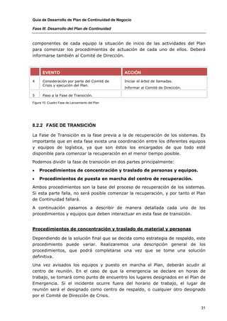Guía de Desarrollo de Plan de Continuidad de Negocio

Fase III. Desarrollo del Plan de Continuidad


componentes de cada equipo la situación de inicio de las actividades del Plan
para comenzar los procedimientos de actuación de cada uno de ellos. Deberá
informarse también al Comité de Dirección.



       EVENTO                                    ACCIÓN

4      Consideración por parte del Comité de     Iniciar el árbol de llamadas.
       Crisis y ejecución del Plan.
                                                 Informar al Comité de Dirección.

5      Paso a la Fase de Transición.

Figura 10. Cuadro Fase de Lanzamiento del Plan




8.2.2 FASE DE TRANSICIÓN

La Fase de Transición es la fase previa a la de recuperación de los sistemas. Es
importante que en esta fase exista una coordinación entre los diferentes equipos
y equipos de logística, ya que son éstos los encargados de que todo esté
disponible para comenzar la recuperación en el menor tiempo posible.

Podemos dividir la fase de transición en dos partes principalmente:

•   Procedimientos de concentración y traslado de personas y equipos.

•   Procedimientos de puesta en marcha del centro de recuperación.

Ambos procedimientos son la base del proceso de recuperación de los sistemas.
Si esta parte falla, no será posible comenzar la recuperación, y por tanto el Plan
de Continuidad fallará.

A continuación pasamos a describir de manera detallada cada uno de los
procedimientos y equipos que deben interactuar en esta fase de transición.


Procedimientos de concentración y traslado de material y personas

Dependiendo de la solución final que se decida como estrategia de respaldo, este
procedimiento puede variar. Realizaremos una descripción general de los
procedimientos, que podrá completarse una vez que se tome una solución
definitiva.

Una vez avisados los equipos y puesto en marcha el Plan, deberán acudir al
centro de reunión. En el caso de que la emergencia se declare en horas de
trabajo, se tomará como punto de encuentro los lugares designados en el Plan de
Emergencia. Si el incidente ocurre fuera del horario de trabajo, el lugar de
reunión será el designado como centro de respaldo, o cualquier otro designado
por el Comité de Dirección de Crisis.

                                                                                    31
 