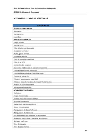 Guía de Desarrollo de Plan de Continuidad de Negocio

ANEXO II - Listado de Amenazas


ANEXO II - LISTADO DE AMENAZAS


                                 AMENAZAS
DESASTRES NATURALES
Huracanes
Inundaciones
Incendios
DAÑOS ACCIDENTALES
Fuego fortuito
Inundaciones
Fallo del aire acondicionado
Exceso de humedad
Humo, gases tóxicos
Subida de tensión
Fallo de suministro eléctrico
Fallo de la UPS
Accidentes del personal
Capacidad inadecuada de las comunicaciones
Fallo/degradación del hardware
Fallo/degradación de las comunicaciones
Errores de operación
Fallos en las copias de seguridad
Fallos de los sistemas de autenticación/autorización
Pérdida de confidencialidad
Incumplimientos legales
ATAQUES INTENCIONADOS
Explosivos
Fuego intencionado
Accesos no autorizados al edificio
Actos de vandalismo
Radiaciones electromagnéticas
Robos intencionados
Manipulación de datos/software
Manipulación de hardware
Uso de software por personal no autorizado
Acceso no autorizados a datos de la compañía
Software malicioso
Robo de equipos
Robo de documentos

                                                       41
 