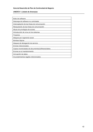 Guía de Desarrollo de Plan de Continuidad de Negocio

ANEXO II - Listado de Amenazas



Robo de software
Descarga de software no controlada
Interceptación de las líneas de comunicación
Manipulación de las líneas de comunicación
Abuso de privilegios de acceso
Introducción de virus en los sistemas
Troyanos
Ataques por ingeniería social
Bombas lógicas
Ataques de denegación de servicio
Errores intencionados
Copias incontroladas de documentos/software/datos
Errores en el mantenimiento
Corrupción de datos
Incumplimientos legales intencionados




                                                       42
 