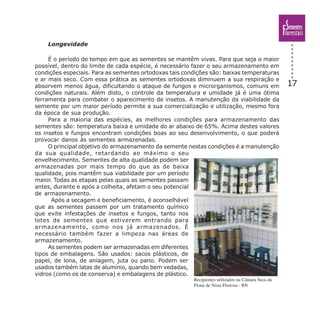 17
Longevidade
É o período de tempo em que as sementes se mantêm vivas. Para que seja o maior
possível, dentro do limite de cada espécie, é necessário fazer o seu armazenamento em
condições especiais. Para as sementes ortodoxas tais condições são: baixas temperaturas
e ar mais seco. Com essa prática as sementes ortodoxas diminuem a sua respiração e
absorvem menos água, dificultando o ataque de fungos e microrganismos, comuns em
condições naturais. Além disto, o controle da temperatura e umidade já é uma ótima
ferramenta para combater o aparecimento de insetos. A manutenção da viabilidade da
semente por um maior período permite a sua comercialização e utilização, mesmo fora
da época de sua produção.
Para a maioria das espécies, as melhores condições para armazenamento das
sementes são: temperatura baixa e umidade do ar abaixo de 65%. Acima destes valores
os insetos e fungos encontram condições boas ao seu desenvolvimento, o que poderá
provocar danos às sementes armazenadas.
O principal objetivo do armazenamento da semente nestas condições é a manutenção
da sua qualidade, retardando ao máximo o seu
envelhecimento. Sementes de alta qualidade podem ser
armazenadas por mais tempo do que as de baixa
qualidade, pois mantêm sua viabilidade por um período
maior. Todas as etapas pelas quais as sementes passam
antes, durante e após a colheita, afetam o seu potencial
de armazenamento.
Após a secagem e beneficiamento, é aconselhável
que as sementes passem por um tratamento químico
que evite infestações de insetos e fungos, tanto nos
lotes de sementes que estiverem entrando para
armazenamento, como nos já armazenados. É
necessário também fazer a limpeza nas áreas de
armazenamento.
As sementes podem ser armazenadas em diferentes
tipos de embalagens. São usados: sacos plásticos, de
papel, de lona, de aniagem, juta ou pano. Podem ser
usados também latas de alumínio, quando bem vedadas,
vidros (como os de conserva) e embalagens de plástico.
Recipientes utilizados na Câmara Seca da
Flona de Nísia Floresta - RN
 